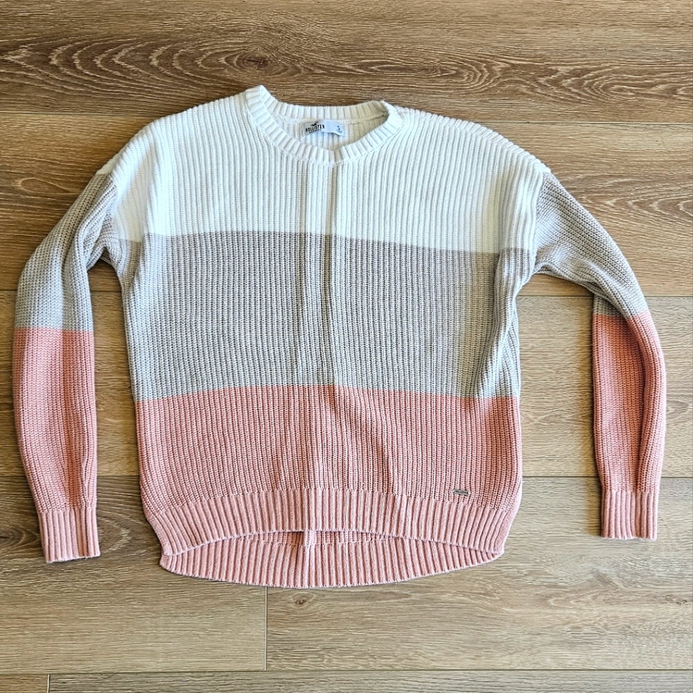 Like New Hollister Crewneck Color Block Ribbed Knit Sweater Cream, Tan, Pink